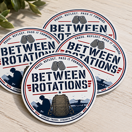 Die-cut vinyl stickers featuring the Between Rotations logo
