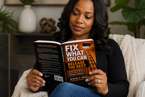 Woman casually reading Fix What You Can. Release The Rest. paperback book