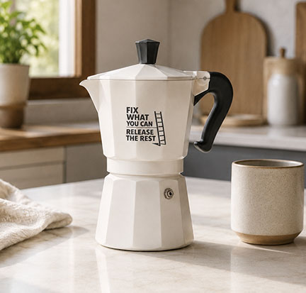 White moka pot featuring the Fix What You Can. Release The Rest. ladder logo